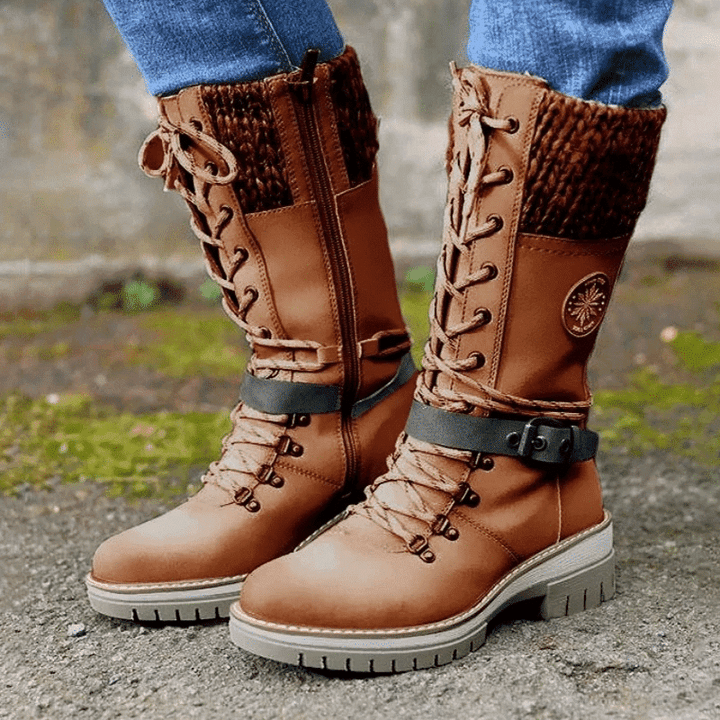 Gestrickte | Damenstiefel Mit Spitzenschnalle