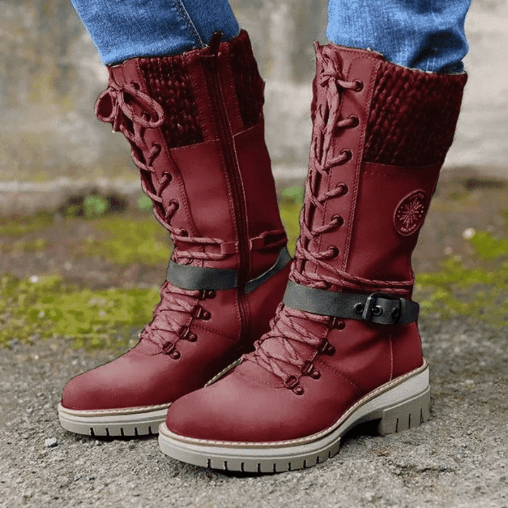 Gestrickte | Damenstiefel Mit Spitzenschnalle