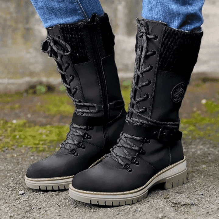Gestrickte | Damenstiefel Mit Spitzenschnalle