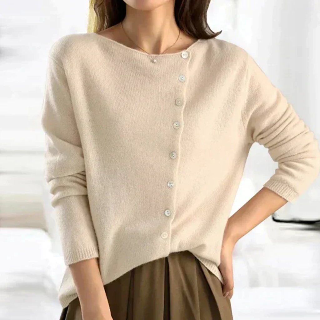 Softura | Damen Asymmetrische Knopf-Trui – Weicher Strickpullover