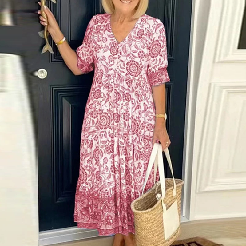 Hannah-2 | Bohème Kleid mit V-Ausschnitt und Blumendruck