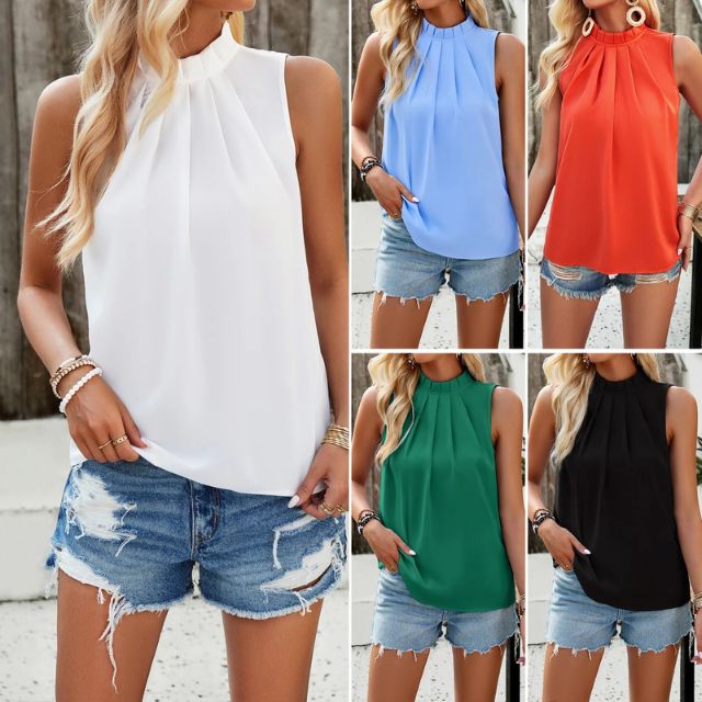 Luna-2 | Ärmellose Plissee-Bluse mit Halterneck
