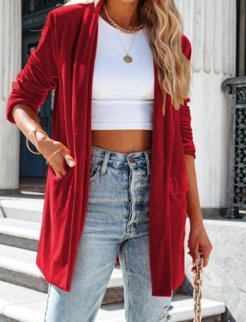 Samt | Eleganter Samt-Cardigan – Lässiger und elastischer langer Mantel für Damen