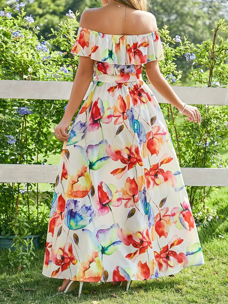 Berinda | Elegantes schulterfreies Kleid mit Blumendruck und Gürtel