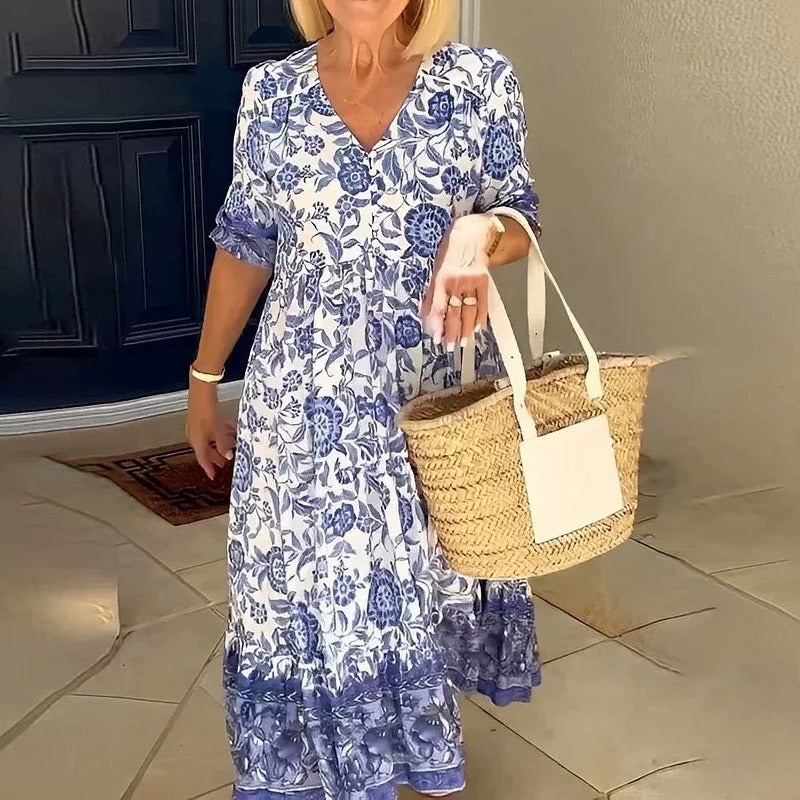 Hannah-2 | Bohème Kleid mit V-Ausschnitt und Blumendruck