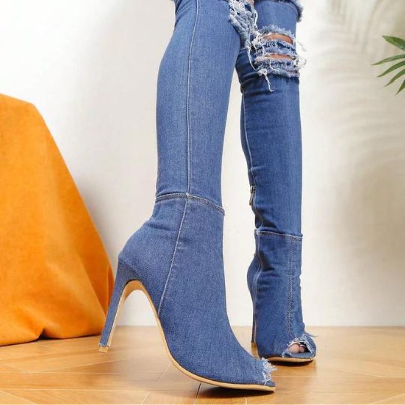 Alexandra-1 Schicke Jeans-Stiefel mit Absatz und Spitzendetail