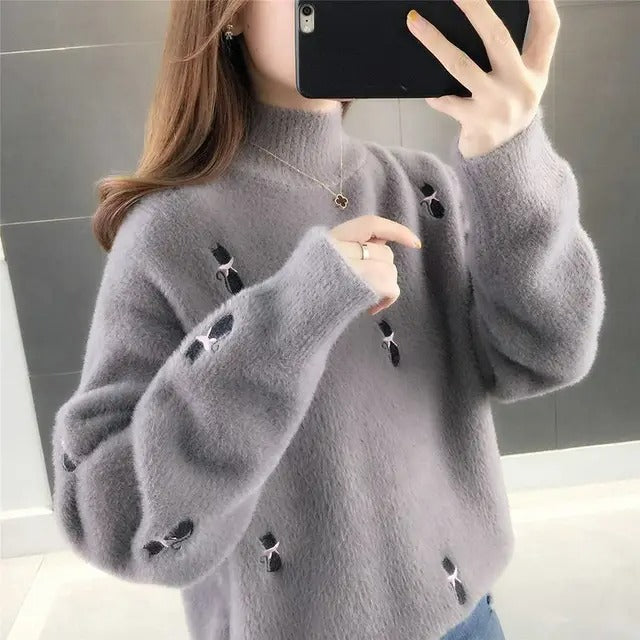 Limo Locker bequemer Strickpullover mit Katzenmuster für Frauen