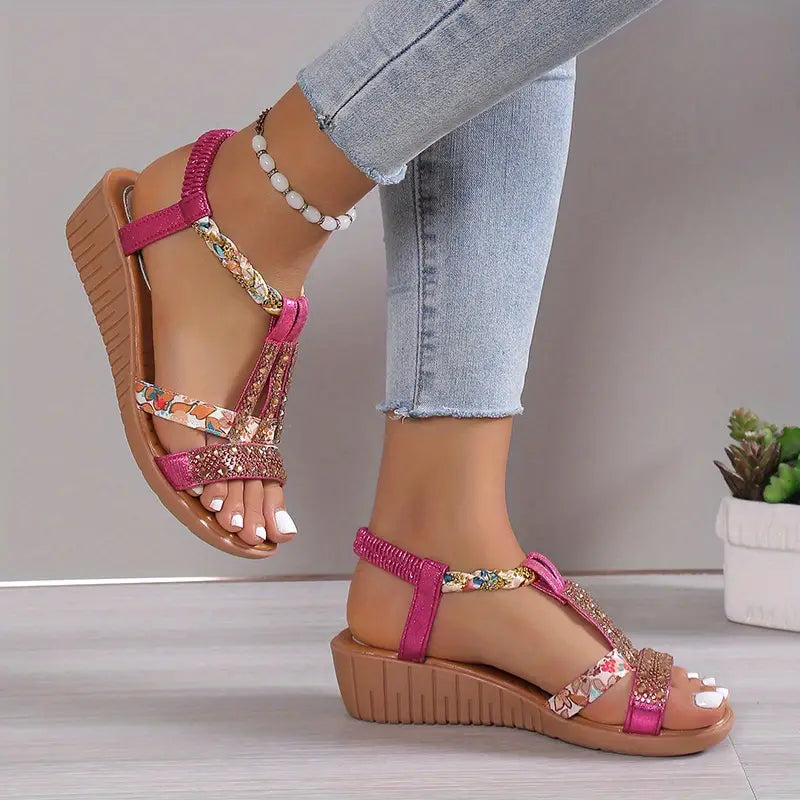 Inka - Boho Glam Strass geflochtene Keilsandalen