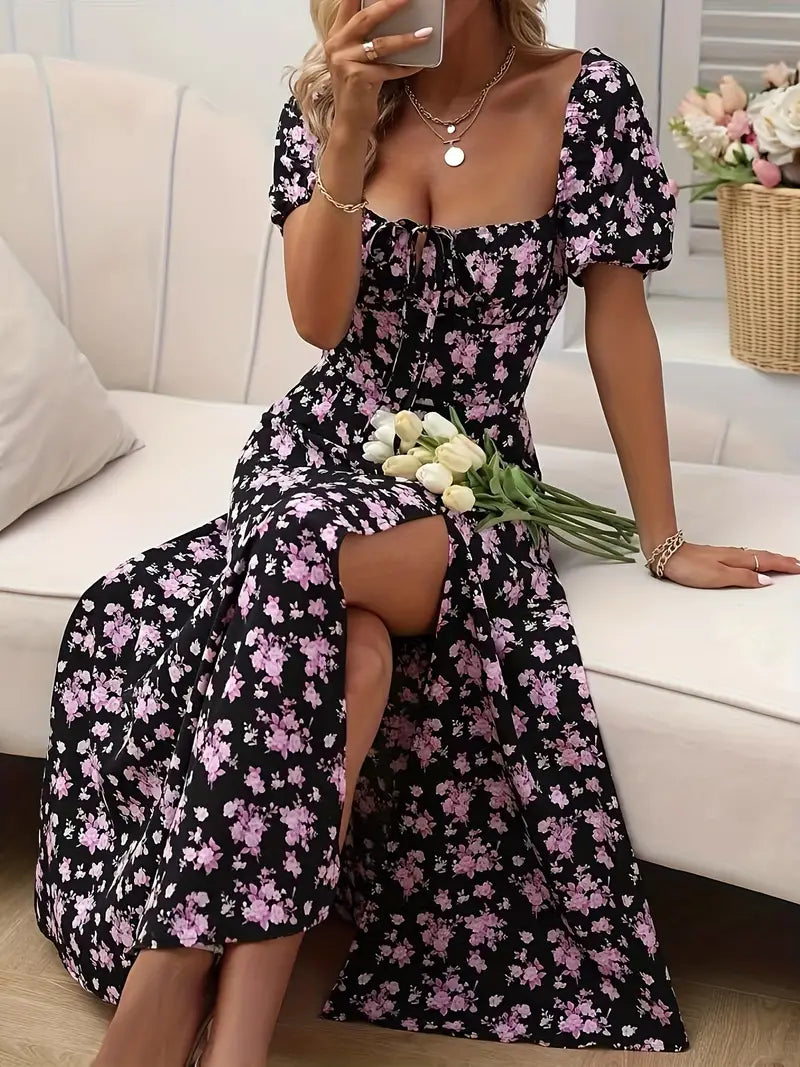 Sanine Schickes Kleid mit Puffärmeln im A-Linien-Stil mit Blumendruck