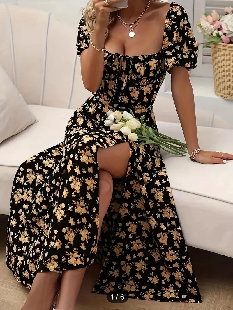 Sanine Schickes Kleid mit Puffärmeln im A-Linien-Stil mit Blumendruck