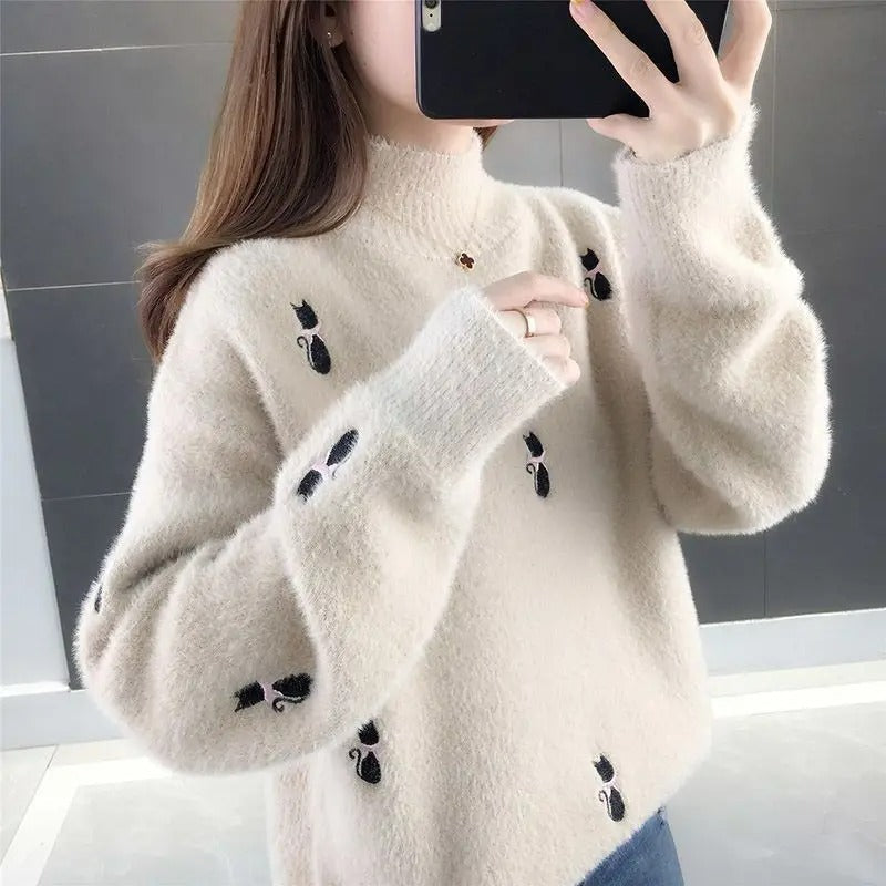 Limo Locker bequemer Strickpullover mit Katzenmuster für Frauen